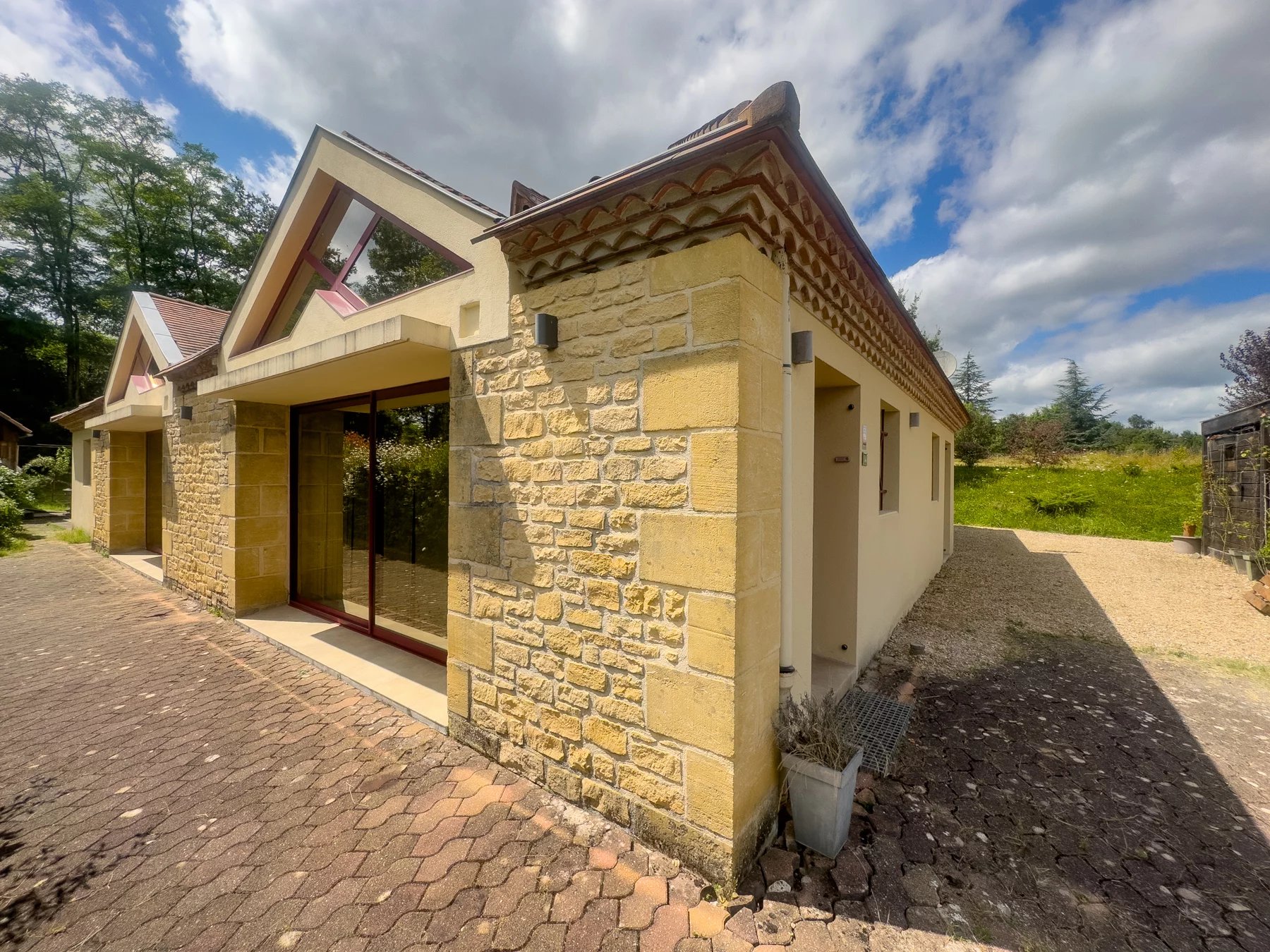 Bright contemporary architect stone built house on one level